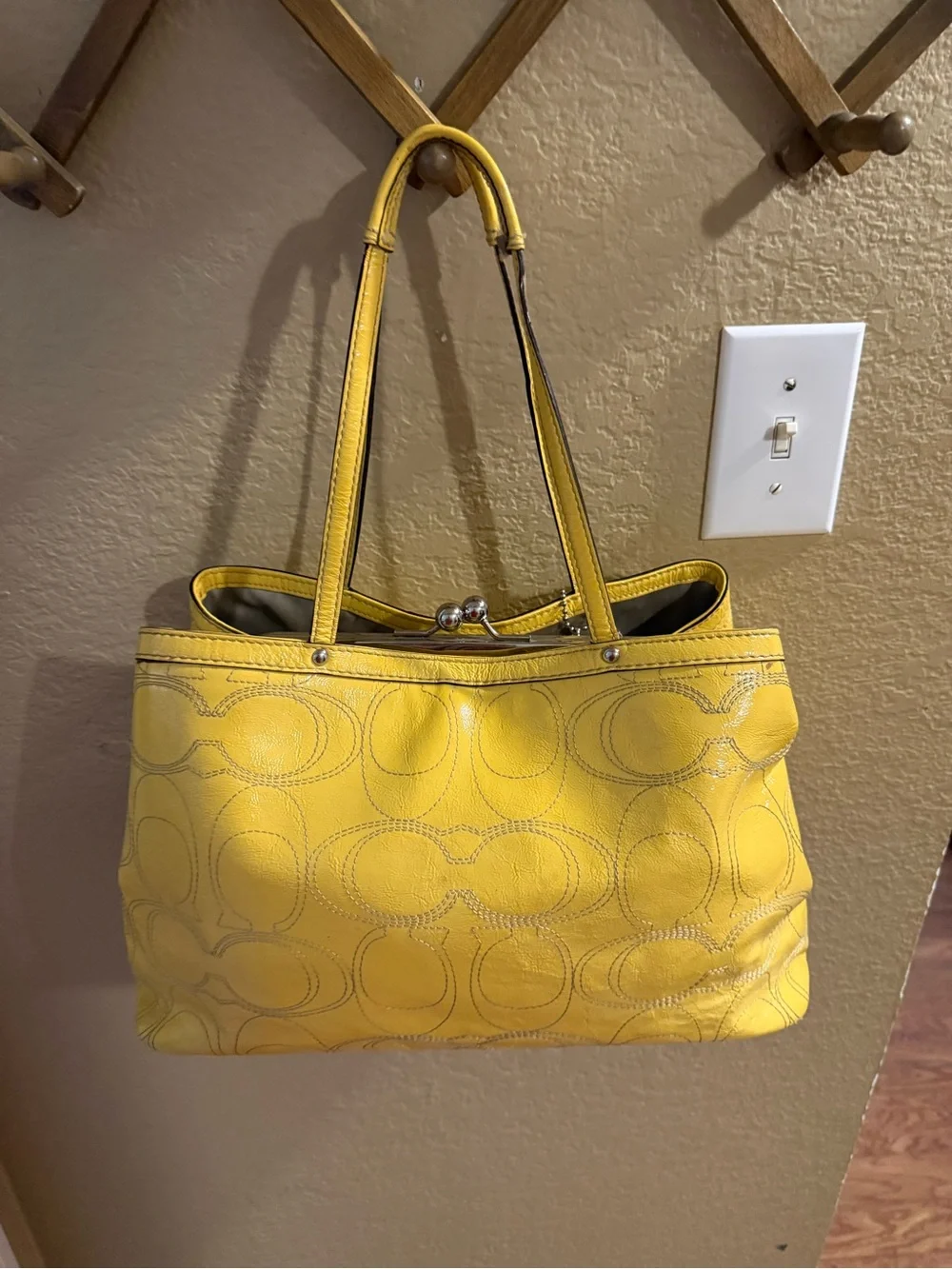 Coach Yellow Leather Signature Tote with Embossed Logo Circles